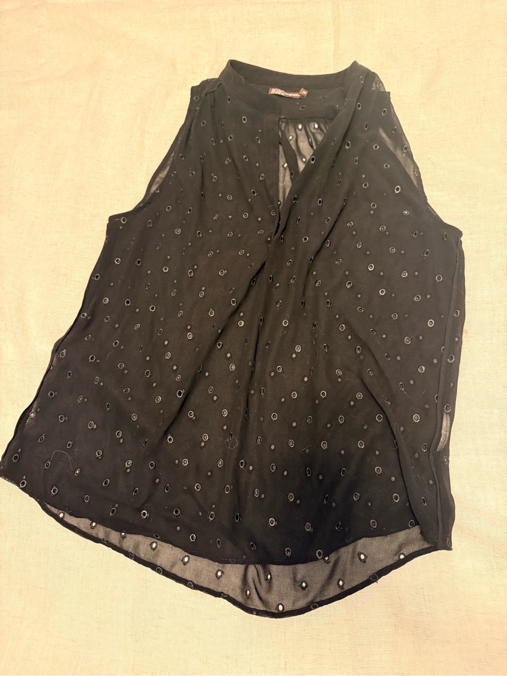 Sleeveless Black Eyelet Detail V-Neck Blouse